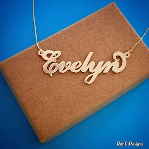 14k Solid Gold Name Necklace: Evelyn Personalized Gold Charm