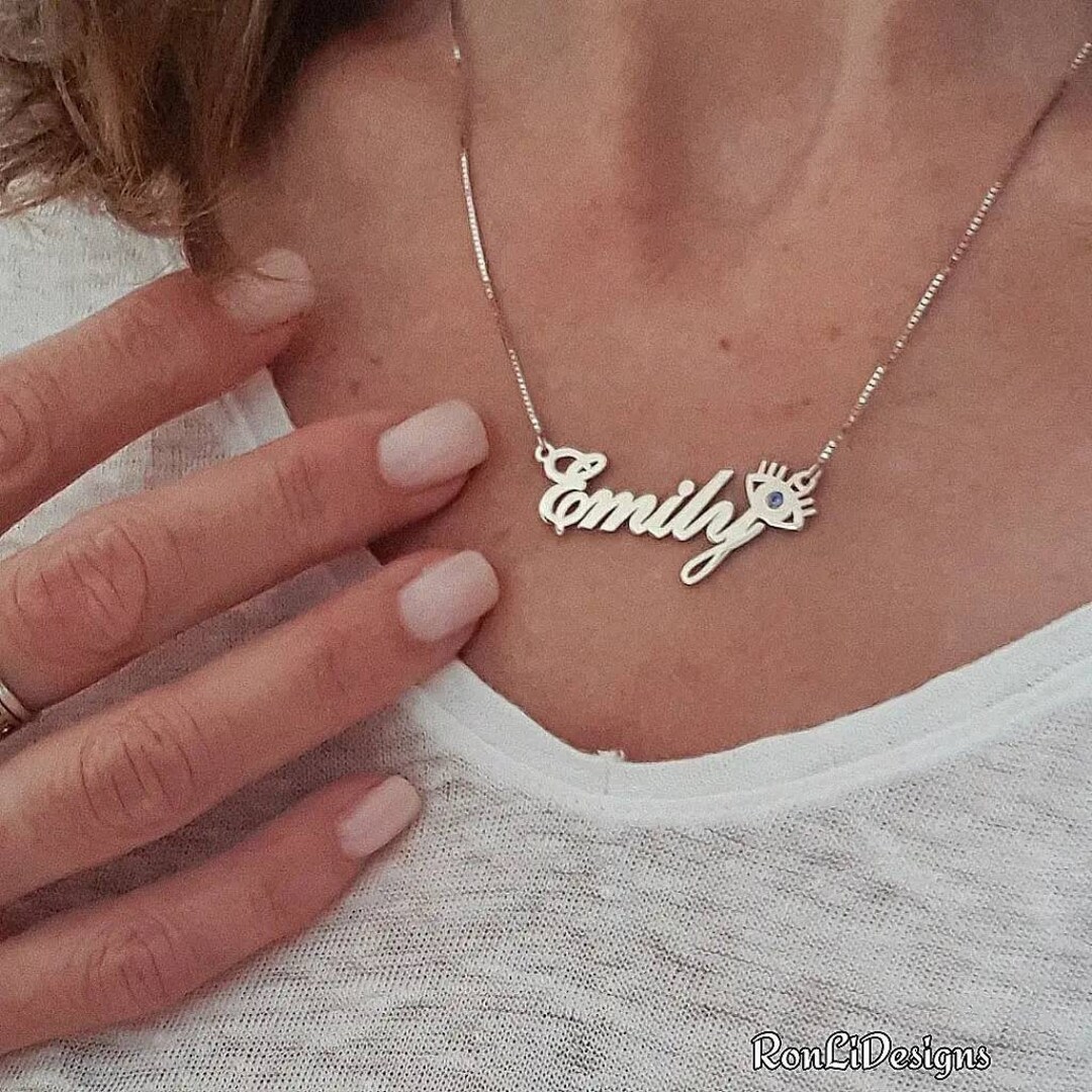 Name Necklace Silver Evil Eye Charm Emily Style Protection