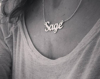 Large Name Necklace Big Nameplate Necklace XLarge size Nameplate Sterling Silver 925 Large Name Tag and Chain Sage style