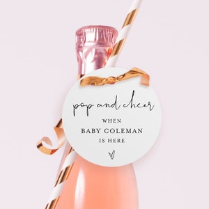 Pop And Cheer Baby Shower Tag Editable, Download, Round Mini Champagne Favor Tags, Pop And Cheer When Baby Is Here, Edit With Templett #f35