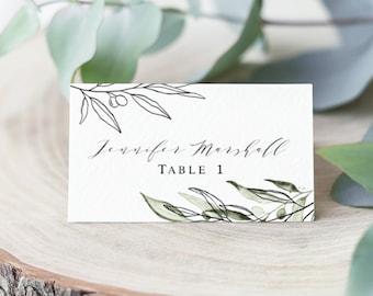 Olive Wedding Name Cards Templett, Instant download, Printable, 100% Editable text, Place, DIY Escord, Flat & Folded, Sketch Branch #vmt3115