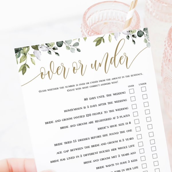 Over or Under the Number, 100% Editable Text, Bridal Shower Games Card Template, Couples, Wedding Party, Greenery Gold, Boho Eucalyptus #c61