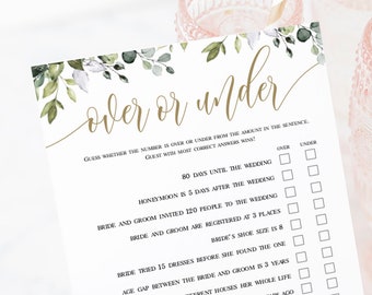 Over or Under the Number, 100% Editable Text, Bridal Shower Games Card Template, Couples, Wedding Party, Greenery Gold, Boho Eucalyptus #c61