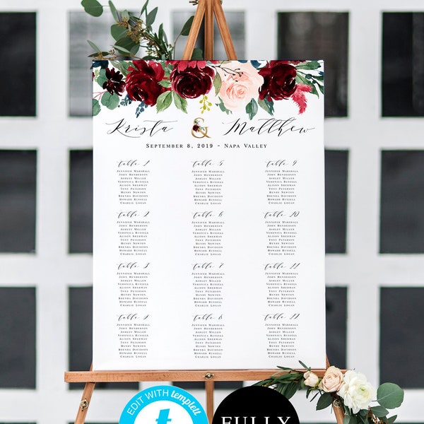 Burgundy Blush seating chart pdf Fully editable download Table arrangement Printable template Boho Florals Wedding board Templett #vmt318
