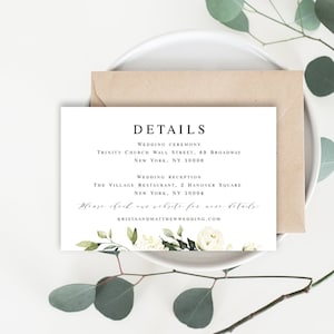 Modelo de cartão de detalhes do casamento com detalhes em folhagens brancas, convite com texto 100% editável, modelo para impressão, inserção de hortênsias e rosas faça você mesmo #vmt3116
