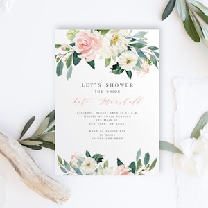 Faire-part de douche nuptiale, modèle d&#39;invitation blush, texte 100 % modifiable, Templett, imprimable, personnalisable, aquarelle florale, pastel #vmt363