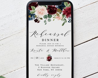 Rehearsal Dinner Evite Template, Electronic Invitation, Text Message Invite, Phone, Smart Phone, iPhone, Merlot Navy Burgundy Floral #vmt318