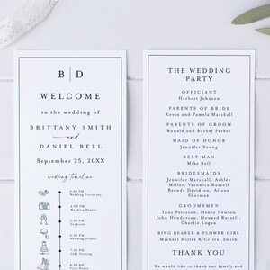 May include: A wedding invitation with a black and white design. The invitation includes the names Brittany Smith and Daniel Bell, the wedding date September 25, 20XX, and a wedding timeline. The wedding party is listed on the right side of the invitation.