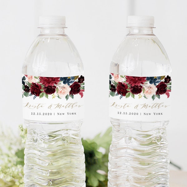 Envoltorio de botella de agua, plantilla de etiqueta de boda, Templett, descarga instantánea, imprimible, pegatina de favor personalizada de bricolaje, Marsala Maroon #vmt3612