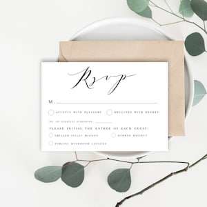 Carte-repas RSVP pour mariage Téléchargement instantané Texte modifiable à 100 % Templett Imprimable À essayer avant d&#39;acheter 5 x 3,5 pouces Script moderne Simple élégant #vmt310