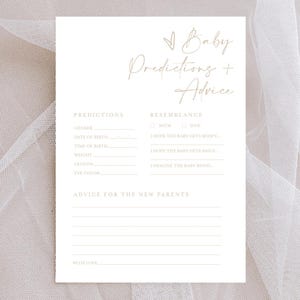 Afdrukbare kaarten voor babyvoorspellingen en advies, advies en wensen voor toekomstige ouders, beige babyshowerspel, voorspellingen voor baby #f41