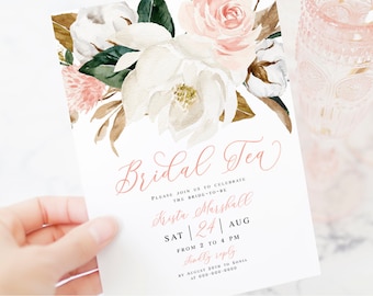 Pink Bridal Tea Party Invitation Template, Fully Editable Invite, Printable DIY, Downloadable, Templett, White Magnolia Rose Cotton #vmt4622