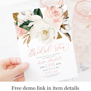 Pink Bridal Tea Party Invitation Template, Fully Editable Invite, Printable DIY, Downloadable, Templett, White Magnolia Rose Cotton #vmt4622