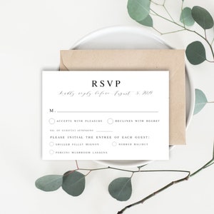 Simple RSVP wedding template Rehearsal dinner invitation insert card Enclosure Kindly response Templett Instant download Reply by #vmt310