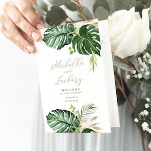 Bi-fold program template Order of service wedding 100% Editable Download Folded booklet Printable Templett Tropical Monstera Leaves #vmt4228
