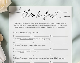 Juego de baby shower "Piensa rápido", plantilla minimalista, juego de trivia para baby shower, descarga digital (hazlo tú mismo, #f38)