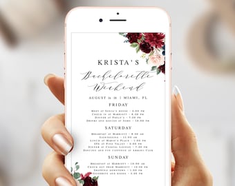 Burgundy Bachelorette Weekend Template, Try Before You Buy, Self-Editing, Electronic Bachelorette Weekend Itinerary Download, Merlot #vmt318