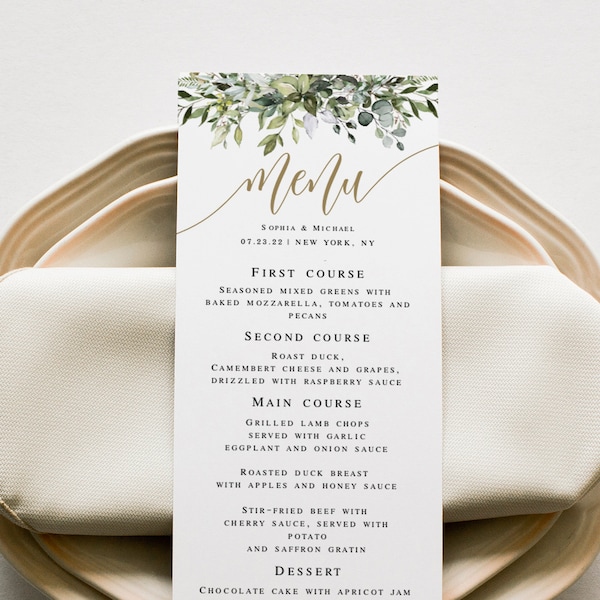 Wedding Menu Template, Printable, 100% Editable Text, Templett, DIY Card, pdf jpg, Instant Download, Eucalyptus Greenery, Bohemian Gold #c61