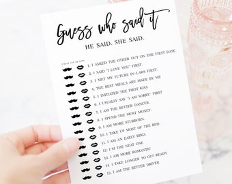 Editable Bridal Shower Games Card Template, Guessing, DIY Activities, Guess Who Said It, Bride Or Groom, He Said She Said, Templett #vmt210