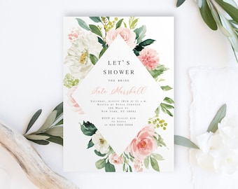 Bridal Shower Invitation Template, 100% Editable text, Lets Shower, Printable Invite, Romantic Floral Templett, Instant download 5x7 #vmt463