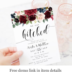 Bohemian Reception Party Invitation Template, Elopement, Printable, Fully editable, Marsala Floral, Navy Burgundy, We Got Hitched vmt118 image 1