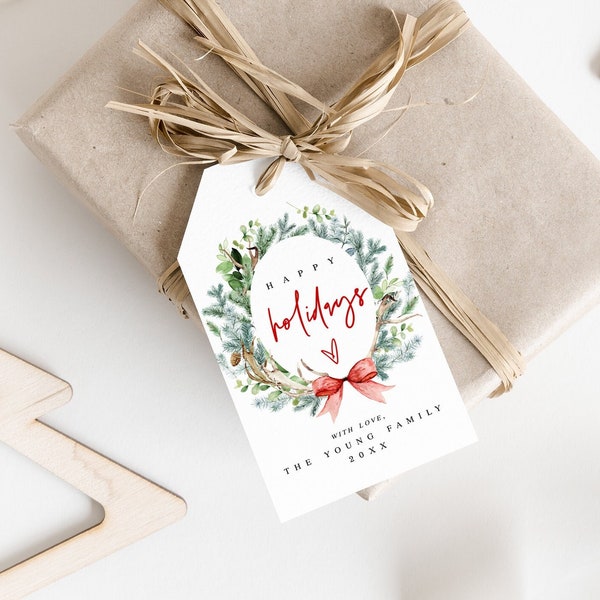 Printable Happy Holidays Tag Template, Christmas Decor For Gifts, Instant Download, Add Your Own Text, Templett, Try Before You Buy DIY #c71