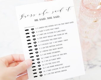 Printable Games for Bridal Shower, Fully Editable Template, Guess Who Said It, Bride Or Groom, He Said She Said, Guessing Game, DIY #vmt310