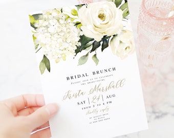 White Floral Bridal Shower Invitation Template, Brunch Invite 5x7, Try before you buy, 100% Editable, Templett, Download, Hydrangea #vmt4216