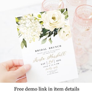 White Floral Bridal Shower Invitation Template, Brunch Invite 5x7, Try before you buy, 100% Editable, Templett, Download, Hydrangea #vmt4216