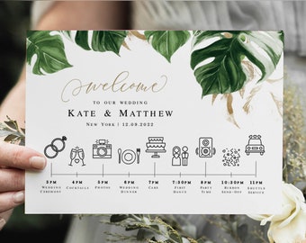 Tropical Gold Time Line, Schedule Template, Wedding Day, Program Timeline, DIY Insert, Horizontal, Order Of The Day, Green Monstera #vmt4228