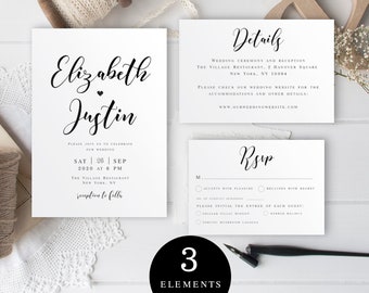 Wedding Invite Set Template, Downloadable, 100% Editable, Templett, Unlimited DIY, Heart Invitation, RSVP, Details, Black and White #vmt5111