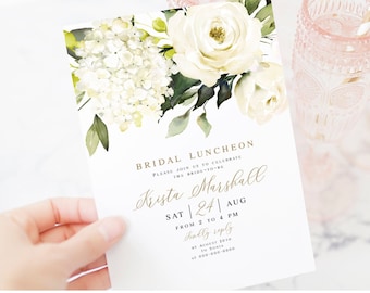 Plantilla de invitación a almuerzo nupcial imprimible con hortensia blanca, Templett, texto 100% editable, Boho Greenery Gold, rosas, floral #vmt4216