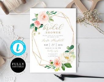 Bridal shower invitation template Gold Blush Floral Geometric Brunch invite Try before you buy 100% Editable Templett Download 5x7 #vmt423