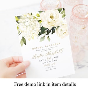 White Hydrangea Printable Bridal Luncheon Invitation Template, Templett, 100% Editable Text, Bohemian Greenery Gold, Roses, Floral vmt4216 image 1