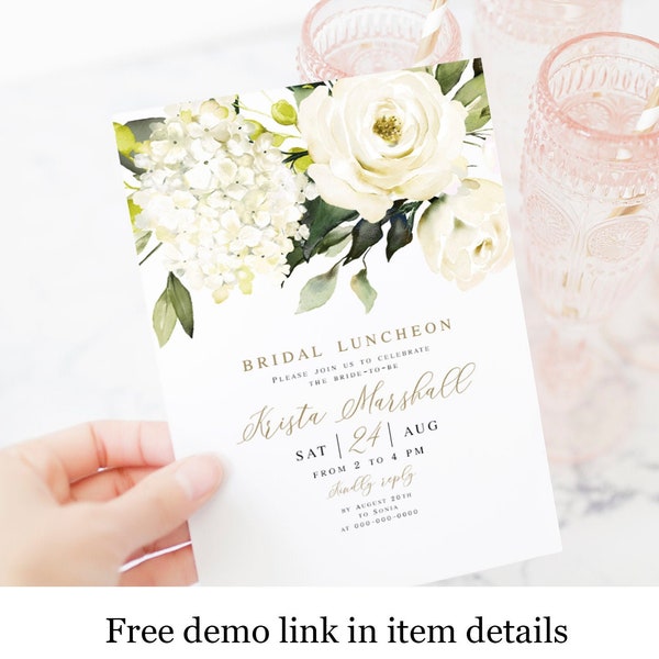 White Hydrangea Printable Bridal Luncheon Invitation Template, Templett, 100% Editable Text, Bohemian Greenery Gold, Roses, Floral #vmt4216