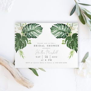 Bridal shower invitation unique Greenery Gold Fully Editable invite template DIY Boho Printable Templett Tropical Leaves Monstera #vmt7128