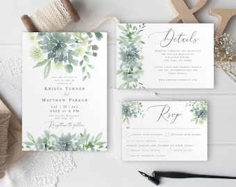 Succulent Wedding Invitation Suite Template, Invite Inserts, Calligraphy, Fully Editable Set, Downloadable, Templett DIY, Sage Blue #vmt9129