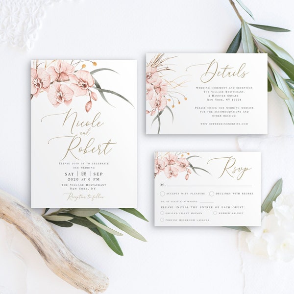 Wedding Invite Set, Printable Template, 100% Editable, Templett, Instant Download, DIY, Gold & Dusty Rose Orchid Invitation, Thai #vmt9227