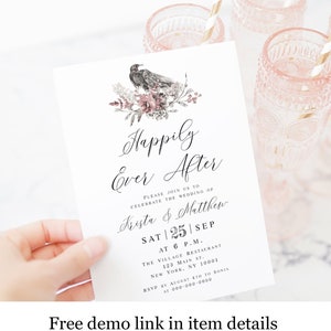 Wedding Reception Party Invitation Template, Elopement, Happily Ever After, Raven, Viking, Pagan, Gothic, Bird, Dark Fairytale, 5x7 vmt4110 image 1