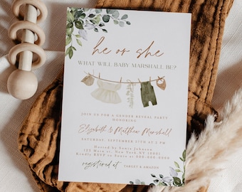May include: A gender reveal party invitation with a watercolor floral design. The invitation features a clothesline with baby clothes hanging on it, and the text "he or she, what will baby Marshall be?"  The invitation also includes the text "Join us for a gender reveal party honoring Elizabeth & Matthew Marshall, Saturday, September 17th at 2 PM, 123 Main, New York, NY 10081, Kindly RSVP to Sunis at 000-000-0000, registered it, Target & Amazon."