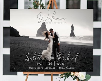 Plaque de bienvenue de mariage imprimable, avec photo, image, téléchargement immédiat, calligraphie, 100 % modifiable, personnalisable à faire soi-même, nature, plage #vmt780