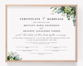 Printable Certificate Of Marriage Template, Wedding Keepsake, DIY Personalized Wedding Gift, Landscape Sign, Succulent, Greenery #vmt4121