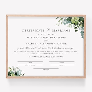 Plantilla de certificado de matrimonio imprimible, recuerdo de boda, regalo de boda personalizado, letrero de paisaje, suculentas, vegetación #vmt4121