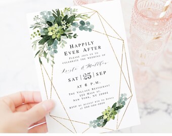 Templett Invitation, Happily Ever After, Reception Party Template, Elopement, Fully Editable, Printable Invite, Succulent, Leaves #vmt3121