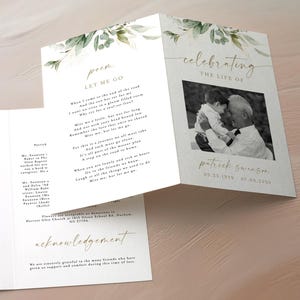 May include: A three-fold memorial program with a floral design. The program includes a poem, a photograph, and the words "celebrating the life of" and "order of service". The text is in gold and black.