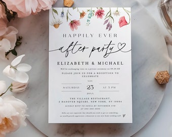 Happily Ever After Party Invitation, Wildflower Wedding Reception Invitation Template, Summer Colorful Floral Elopement Announcement #c82