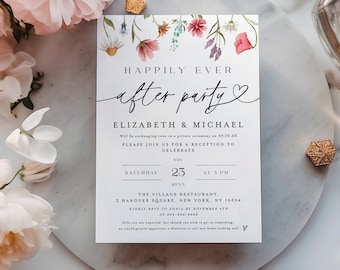 Happily Ever After Party Invitation, Wildflower Wedding Reception Invitation Template, Summer Colorful Floral Elopement Announcement #c82