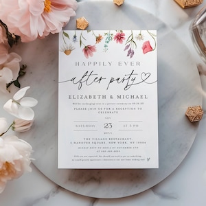 May include: A white wedding after party invitation with floral illustrations. The invitation reads "Happily Ever After Party" with the names Elizabeth & Michael. The date is Saturday, November 25th at 3 PM. The location is The Village Restaurant, 2 Hanover Square, New York, NY 10004.
