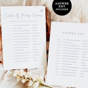 May include: A printable game with a white background and blue text. The game is called "Celebrity Baby Names" and asks players to match celebrity couples with their baby's names. The game includes an answer key.