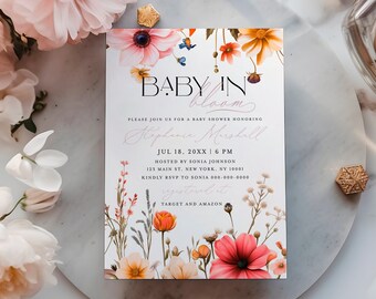 Baby in Bloom Invitation, Baby in Bloom Baby Shower Invitation, Wildflower Baby Shower Invitation, Summer Flower Baby Brunch Invitation #c94